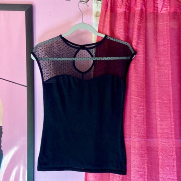 Unique Vintage Mesh Polka Dot Slim Fit Keyhole Top Tailored Goth Women’s Medium - Picture 2 of 3